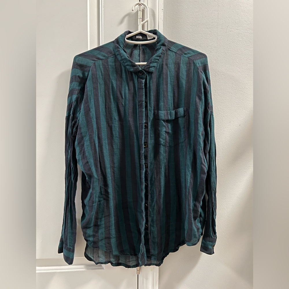 Green black stripe sheer button down shirt